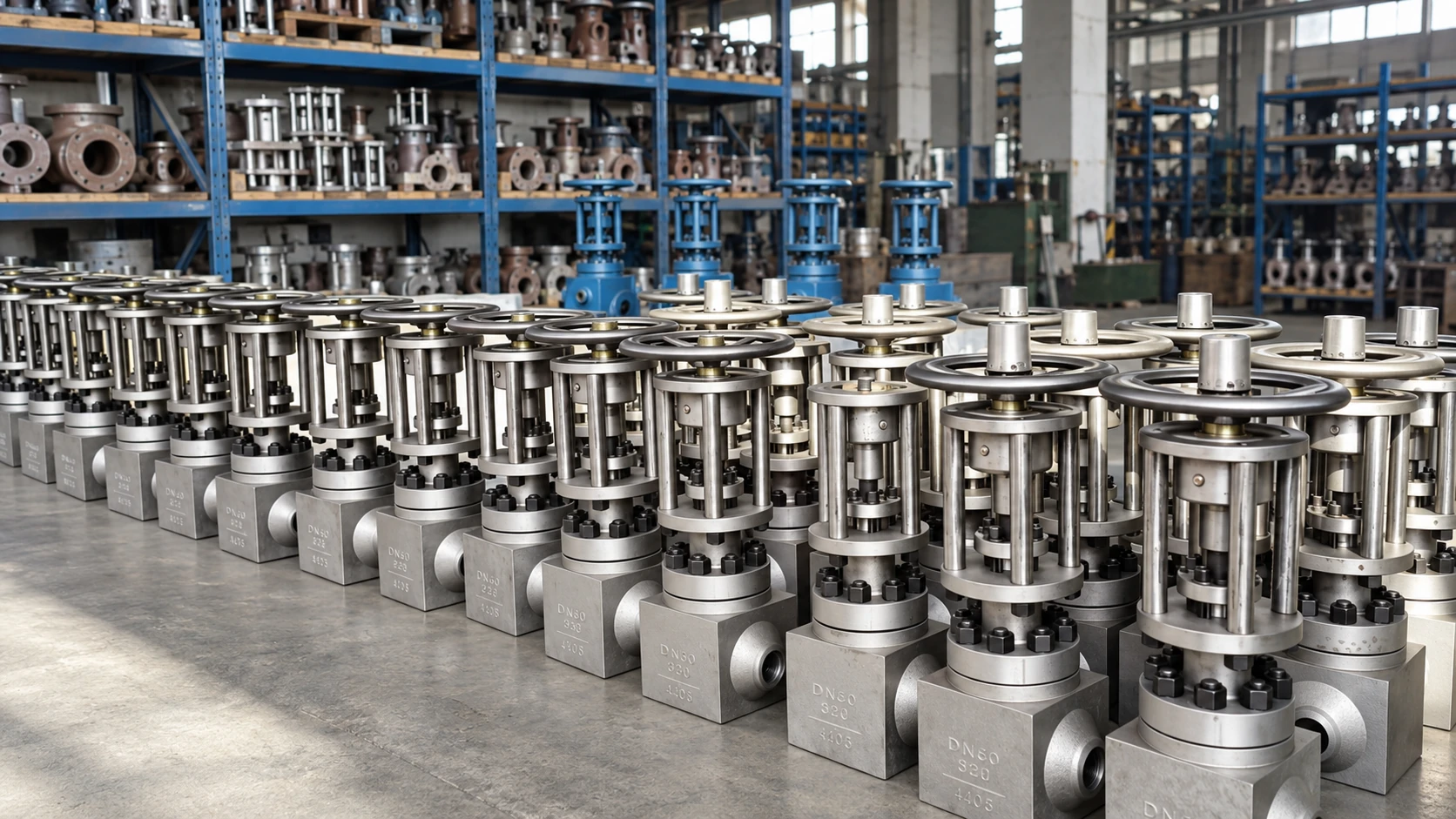 Rows of silver industrial valves in the workshop