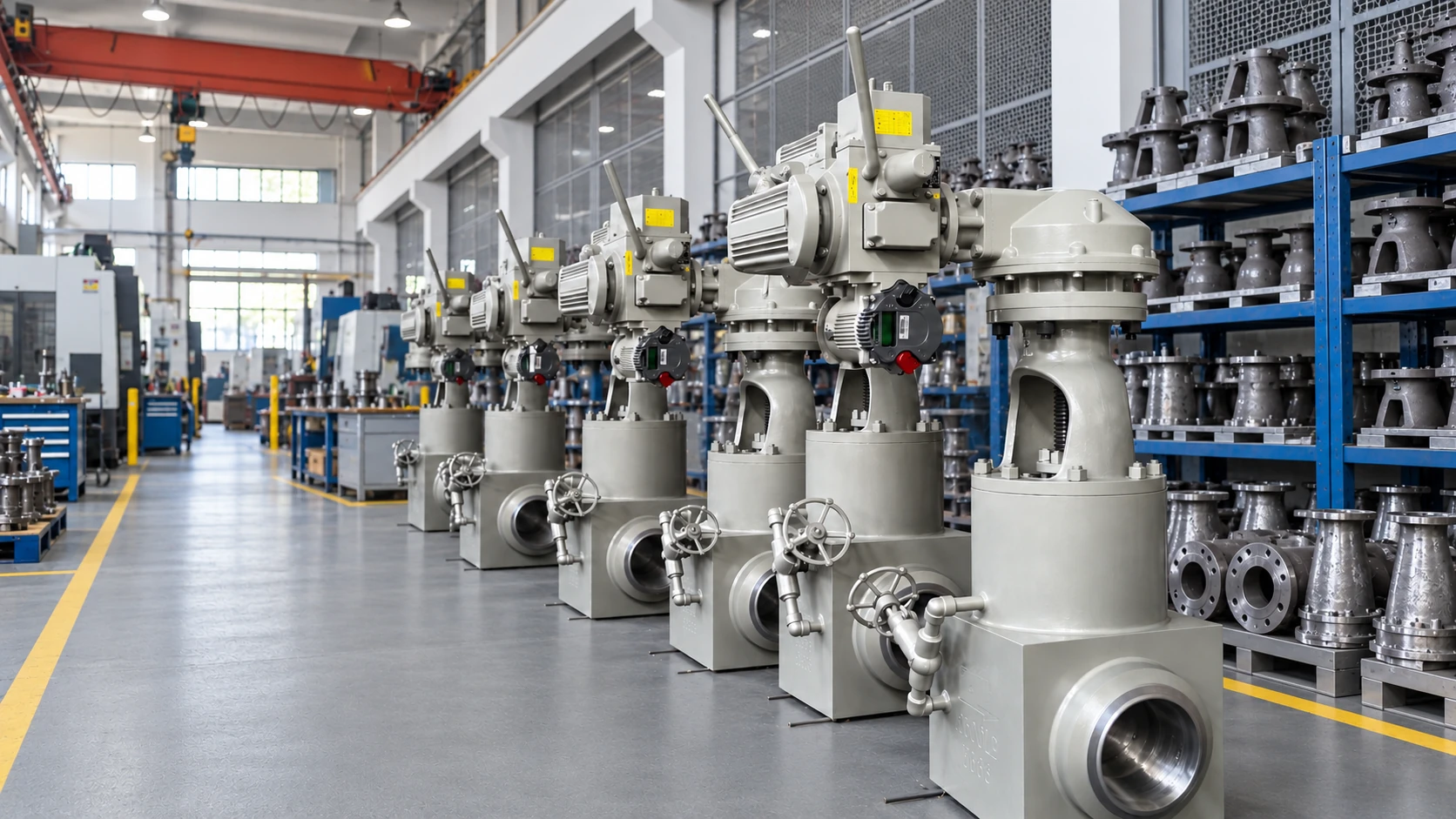 Large motor-operated industrial valves in the workshop